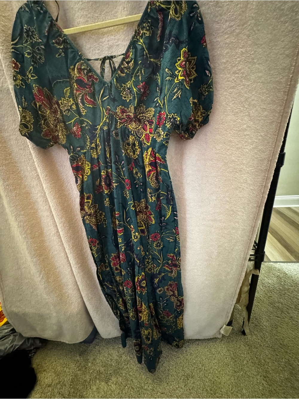 Floral Teal Midi Dress with Puff Sleeves